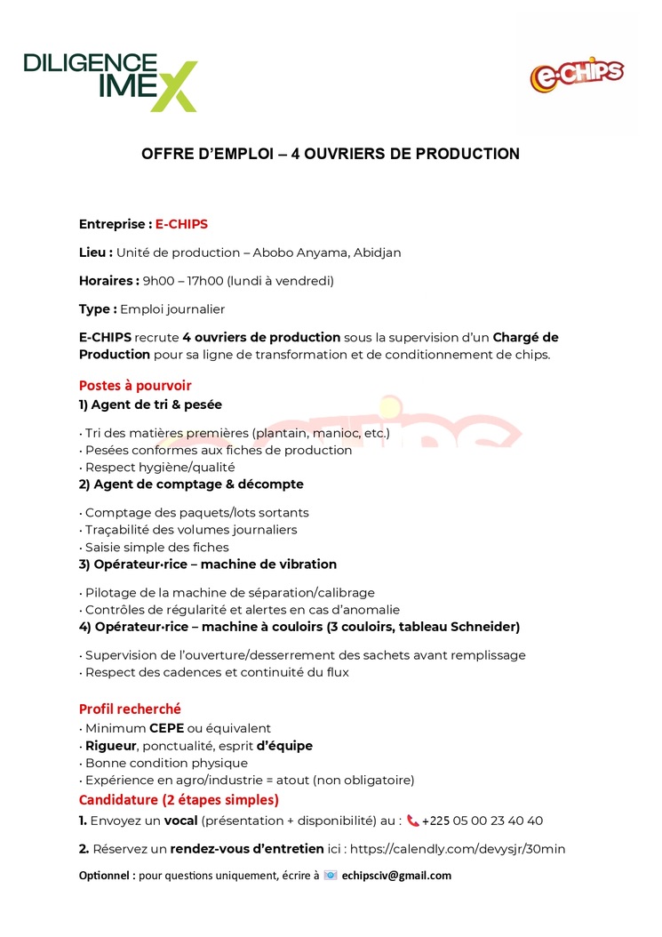 Offre d'emploi - Ouvriers de production